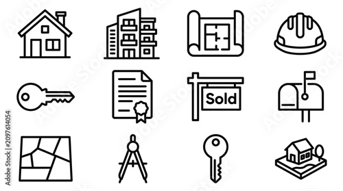 Foto Real Estate Icons Set: House, Apartment, Blueprint, Key, Sold Sign, Mailbox, Map