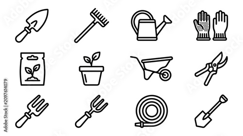 Obraz na płótnie Gardening Tools Icons Set: Trowel, Rake, Watering Can, Gloves, Seeds, Plant, Whe