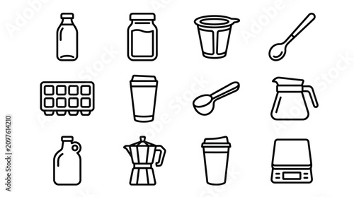 Foto Coffee Making Icons: Moka Pot, Scale, Cup, Spoon, Jar, Bottle, Filter