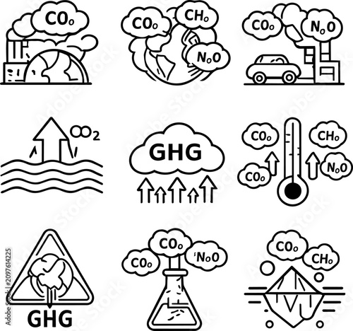 Greenhouse gas emissions and global warming line symbol collection