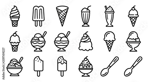 Diverse Ice Cream Icons Collection: Cones, Popsicles, Sundaes, Milkshakes & Spoons