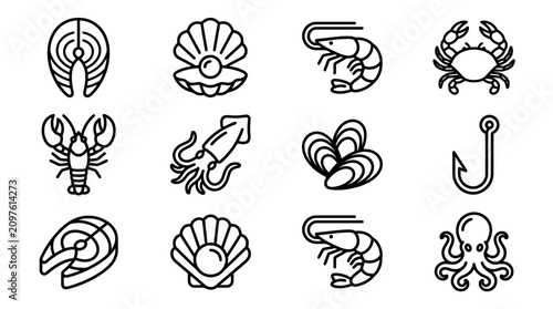 Canvastavla Seafood Icons Collection: Fish, Shrimp, Lobster, Crab, Squid, Octopus, Shellfish