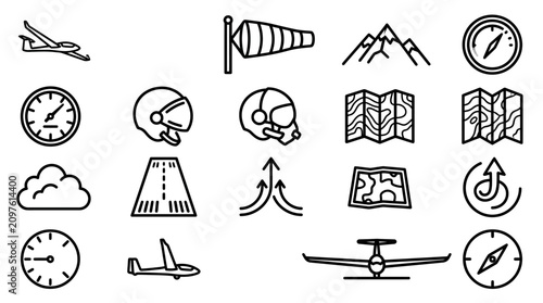 Canvas-taulu Aviation Icons: Airplane, Compass, Map, Wind Sock, Helmet, Mountains, Cloud, Run