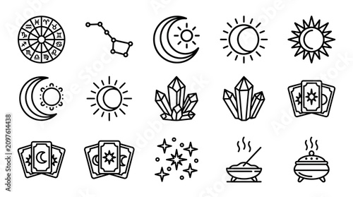 Obraz na płótnie Esoteric Symbols Collection: Astrology, Moon, Sun, Crystals, Tarot, Stars, Incen