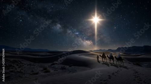 Caravan of three wise men riding camels across desert dunes at night.
