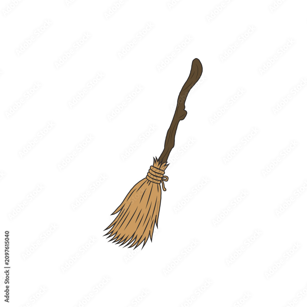 Obraz premium Vintage black witch broomstick with wooden stick handle and straw bristles in hand drawn style for Halloween