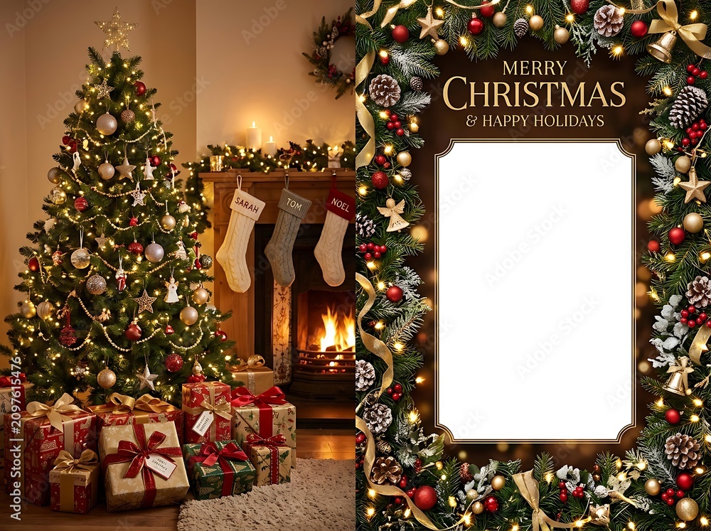 Obraz premium Holiday greeting template with vertical photo frame and festive garland background.