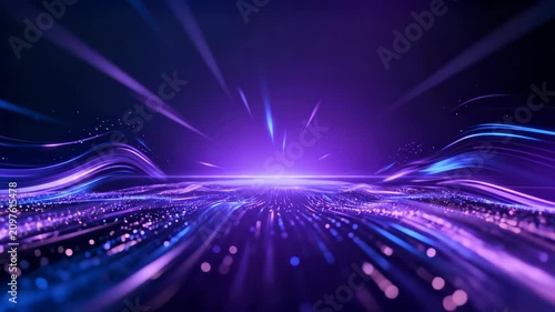 Dynamic digital abstract background with vibrant purple and blue light trails, glowing particles, and a futuristic sense of speed and data flow, ideal for technology and innovation concepts