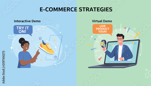 Split comparison illustration of interactive try-on app demo and live virtual product tour as modern e-commerce strategies.