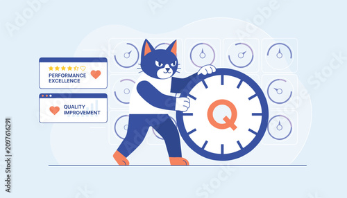 Fun cartoon cat mascot rolls a large quality wheel next to performance excellence and business improvement dashboards.