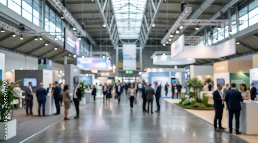Fototapeta premium Blurred exhibition hall trade show business convention conference background crowd people booths marketing corporate event fair interior hall