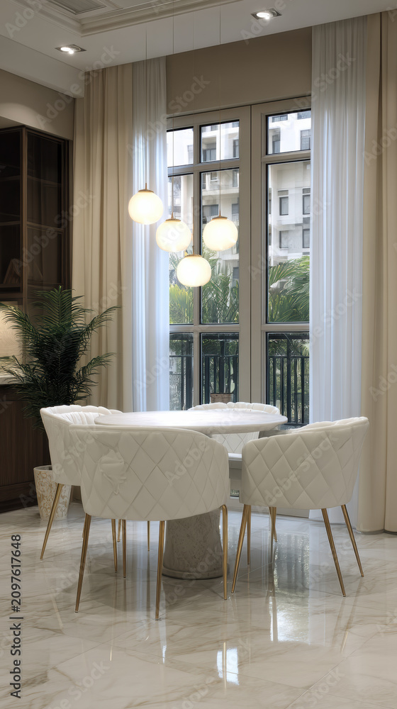 Obraz premium White marble floor gold leg chair round table modern dining room large window pendant light indoor plant luxury style
