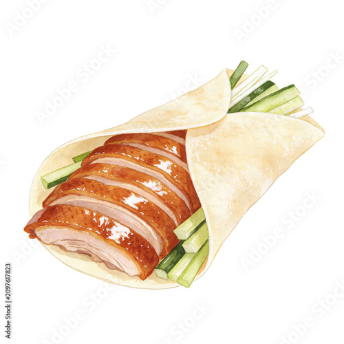 Tablou pe pânză Peking Duck Wrap: A delicious and artful illustration of sliced Peking duck breast, crisp cucumber, and green onion wrapped in a delicate pancake, perfect for a culinary delight