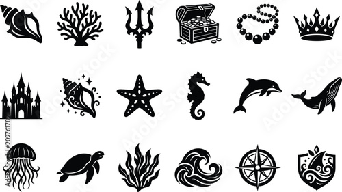 Photography Marine life and nautical fantasy silhouette vector icon set featuring sea animal