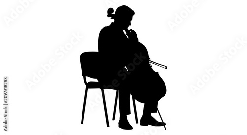 Принти на полотні Cellist Playing Silhouette Against White Background Musical Performance Illustra