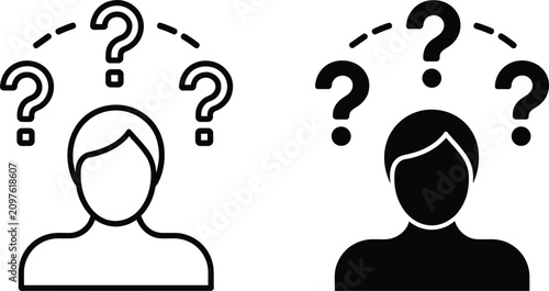 Foto Person with multiple question marks overhead in outline and filled styles repres