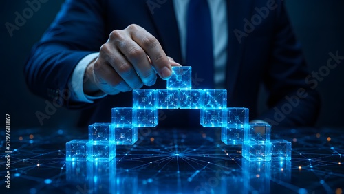 Close-up of a businessman building a glowing digital data bridge with transparent cubes, symbolizing strategic growth and advanced technological development.