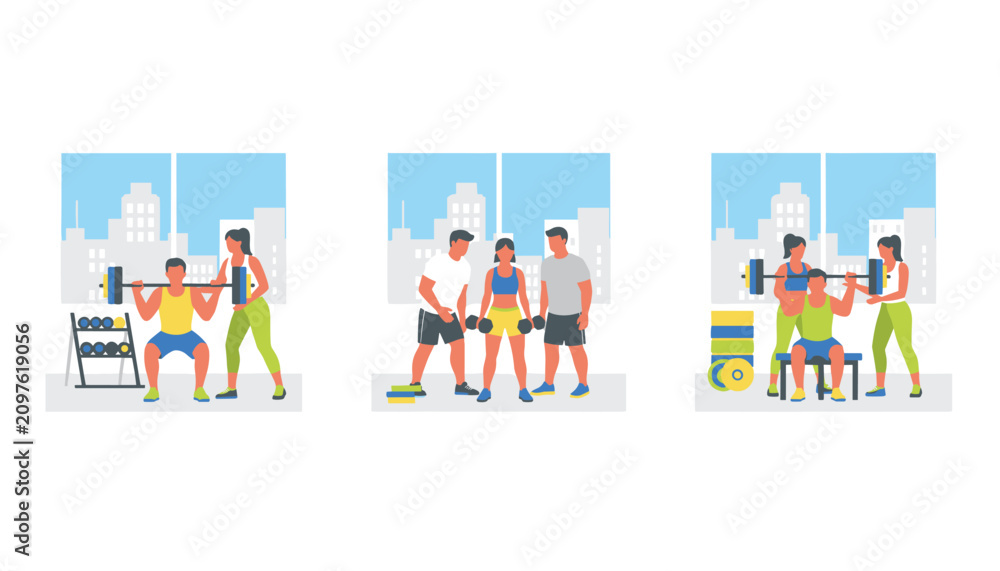 Fototapeta premium Gym training scenes with personal trainers helping athletes perform bench press, squats and deadlifts.
