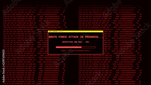 Hacker launching brute force attack on root terminal to compromise system and download databases cyber security concept.