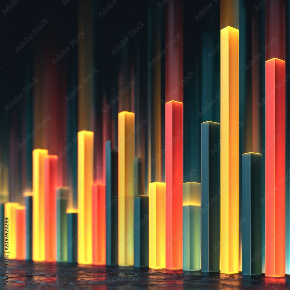 Fototapeta premium Colorful glowing 3D bar graph pillars with motion blur.