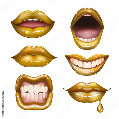 Photos Set of Glossy golden lips gleam with shimmering allure