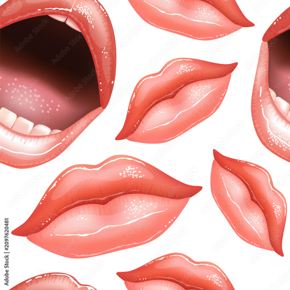 Fototapeta premium Seamless pattern with Vibrant lips in various expressions, playful and bold. Open mouth reveals teeth, inviting and expressive. Soft gloss highlights natural curves and textures. Pattern repeats seaml