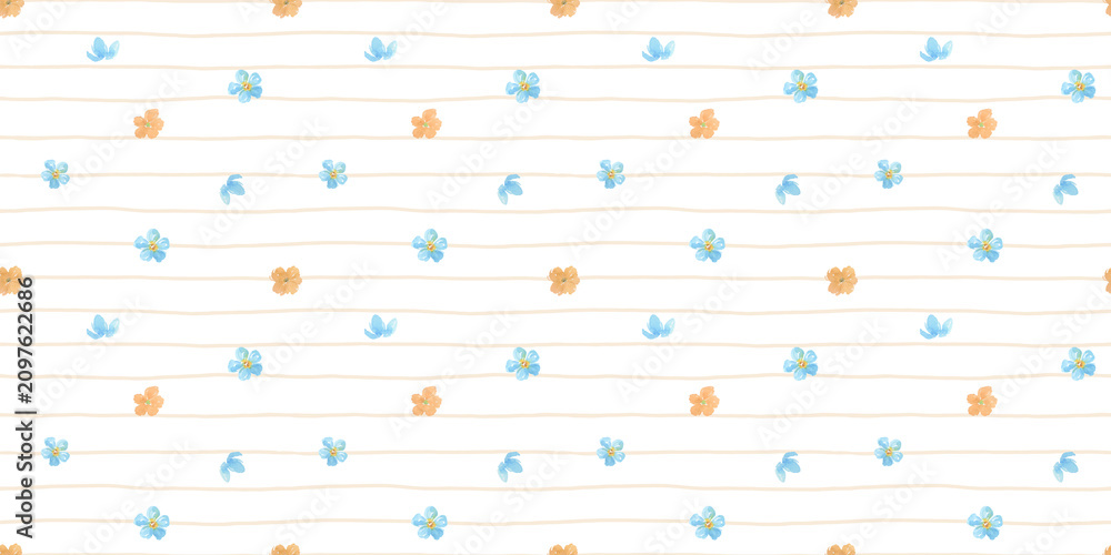 Fototapeta premium Seamless pattern with tiny flowers and stripes on white background. Watercolour ditsy cute print for textiles, wallpaper, and fabric design