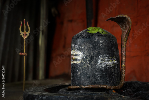 Sacred Shiva Lingam with Cobra and Trishul Inside a Hindu Temple, India