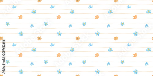 Seamless pattern with tiny flowers and stripes on white background. Watercolour ditsy cute print for textiles, wallpaper, and fabric design