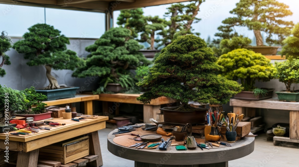 Fototapeta premium Exquisite Bonsai Cultivation Studio with Mature Trees and Artisanal Tools on Display
