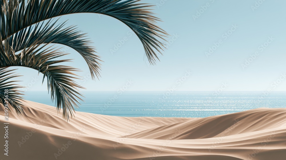 Fototapeta premium Tropical palm leaves over white sand dunes and sparkling blue ocean