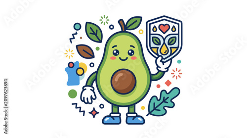 Foto Cute Avocado Character Holding Health Shield, Healthy Food Concept