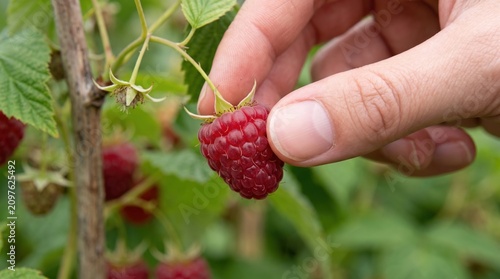 Hand Picking Fresh Juicy Red Raspberry from Green Plant in Bright Garden Setting