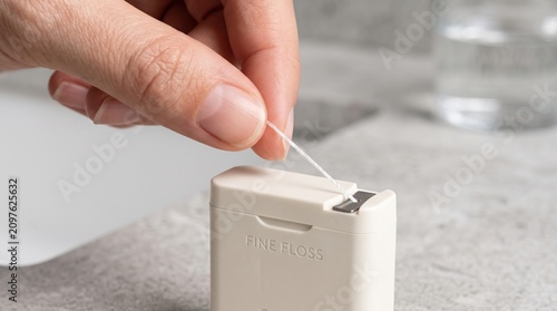 Hand Using Dental Floss from Modern Container on Stone Bathroom Surface