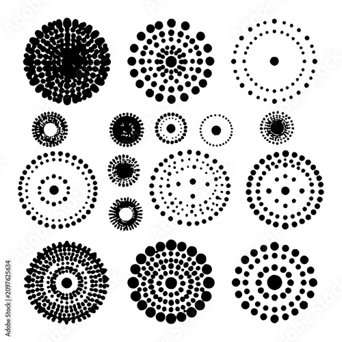 Foto Circular dot patterns set with grid of 15 black dot circles on a white backgroun