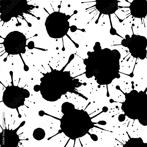 Принти на полотні Ink splatters set with dynamic 3x3 grid of abstract black shapes on white backgr