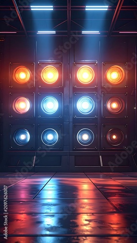 A dimly lit room with a wall of colorful lights reflecting on the floor