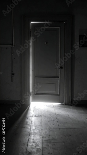 A dimly lit room with an open door allowing sunlight to enter