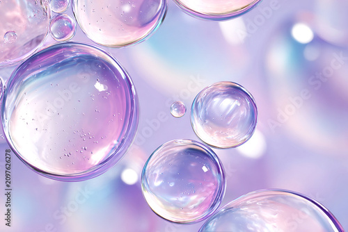 Soft pastel soap bubbles floating in an abstract iridescent background for dreamy design