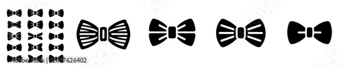Set of black bow tie icons. Classic, modern, and striped bowties vector illustration.
