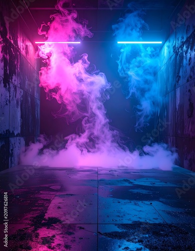 A dimly lit room with smoke and neon lights on the walls and floor