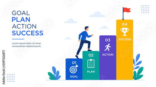 Business growth strategy roadmap with goal plan action success concept, modern vector banner for presentation and corporate planning. Professional flat illustration