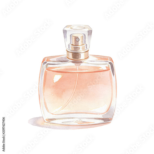 Фотография Elegant Perfume Bottle: A sophisticated perfume bottle with a delicate rose-gold accent and a crystal cap holds a soft pink fragrance, beautifully rendered in watercolor