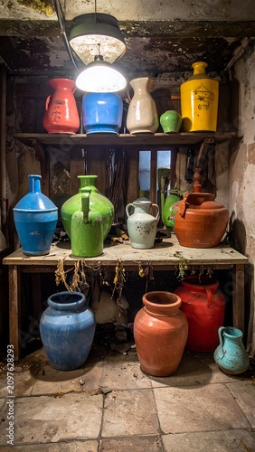 A dimly lit rustic room with shelves holding various colorful clay pots and jugs