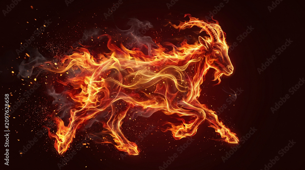 Fototapeta premium Year of the Red Fire Goat blazing zodiac animal in fiery illustration