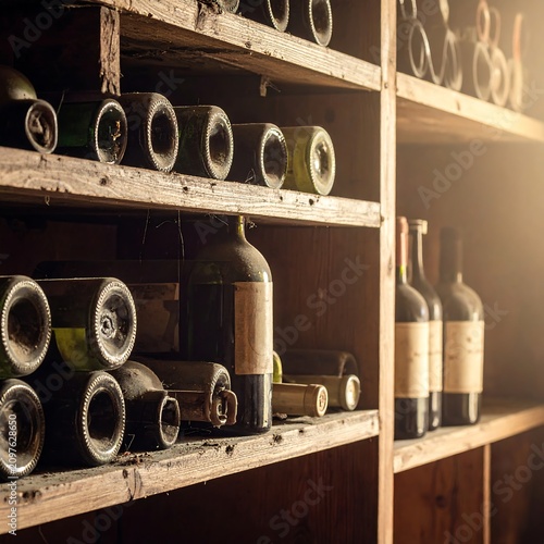A dimly lit rustic wooden shelf storing numerous wine bottles