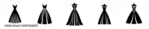 Wedding dress icon set. Vector evening gown silhouettes isolated on white background. Elegant bridal and prom dresses collection for luxury fashion design.
