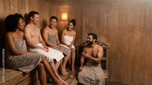 Diverse group of happy friends relaxing in a wooden sauna