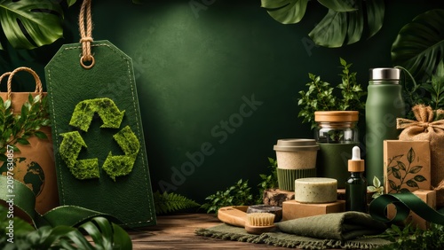 Eco-friendly products and packaging surrounded by green foliage on a wooden surface with a recyclable tag, emphasizing sustainability and environmental care.