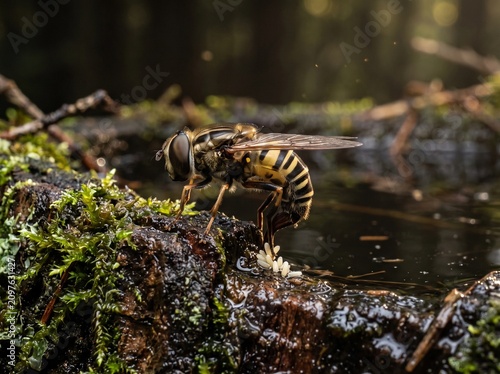 Extreme Macro Close Up of a Hoverfly Laying White Eggs on Wet Mossy Tree Bark